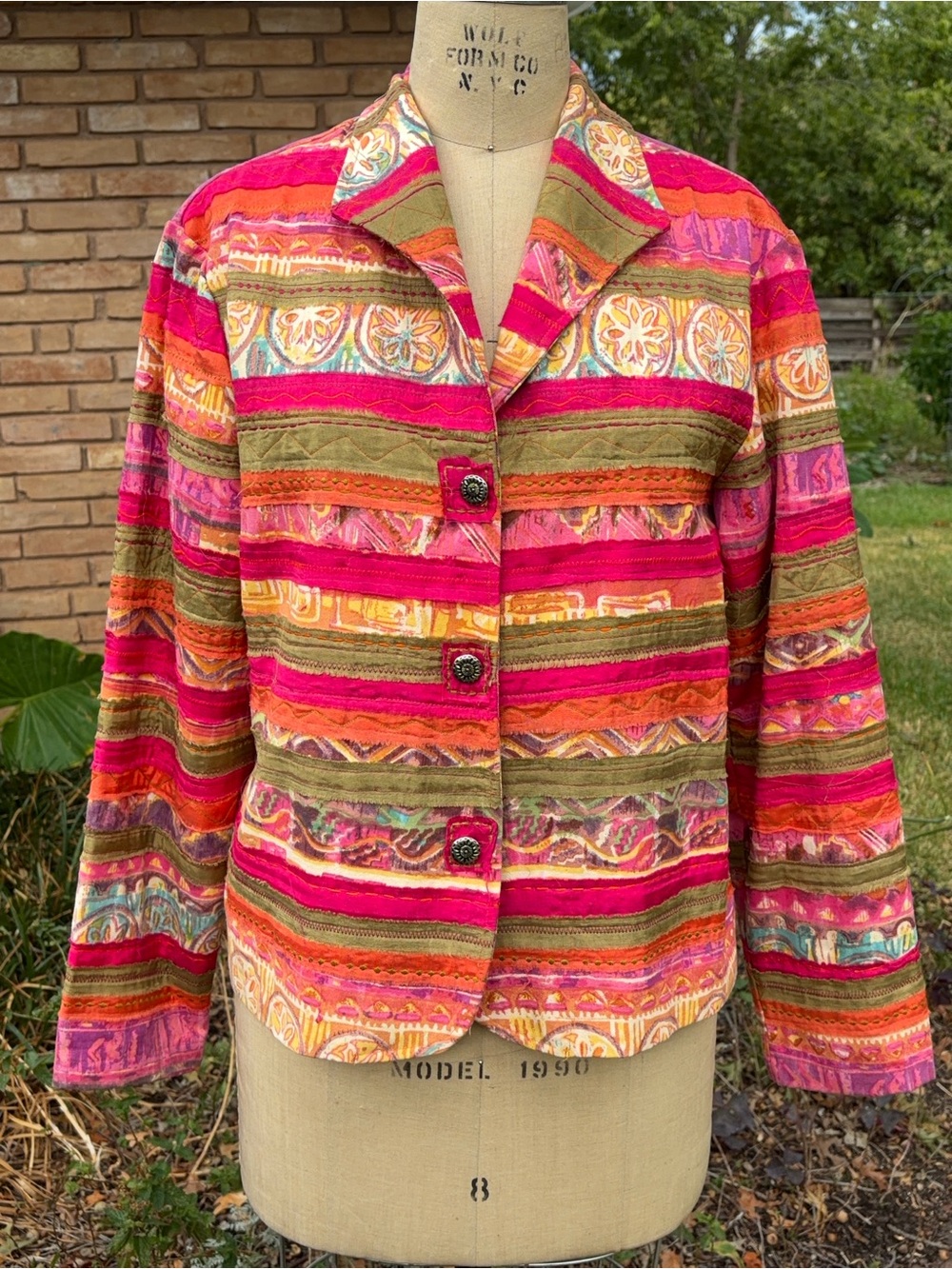 Y2K Coldwater Creek Embroidered Boho Art to Wear Cotton Jacket Pink Orange Green